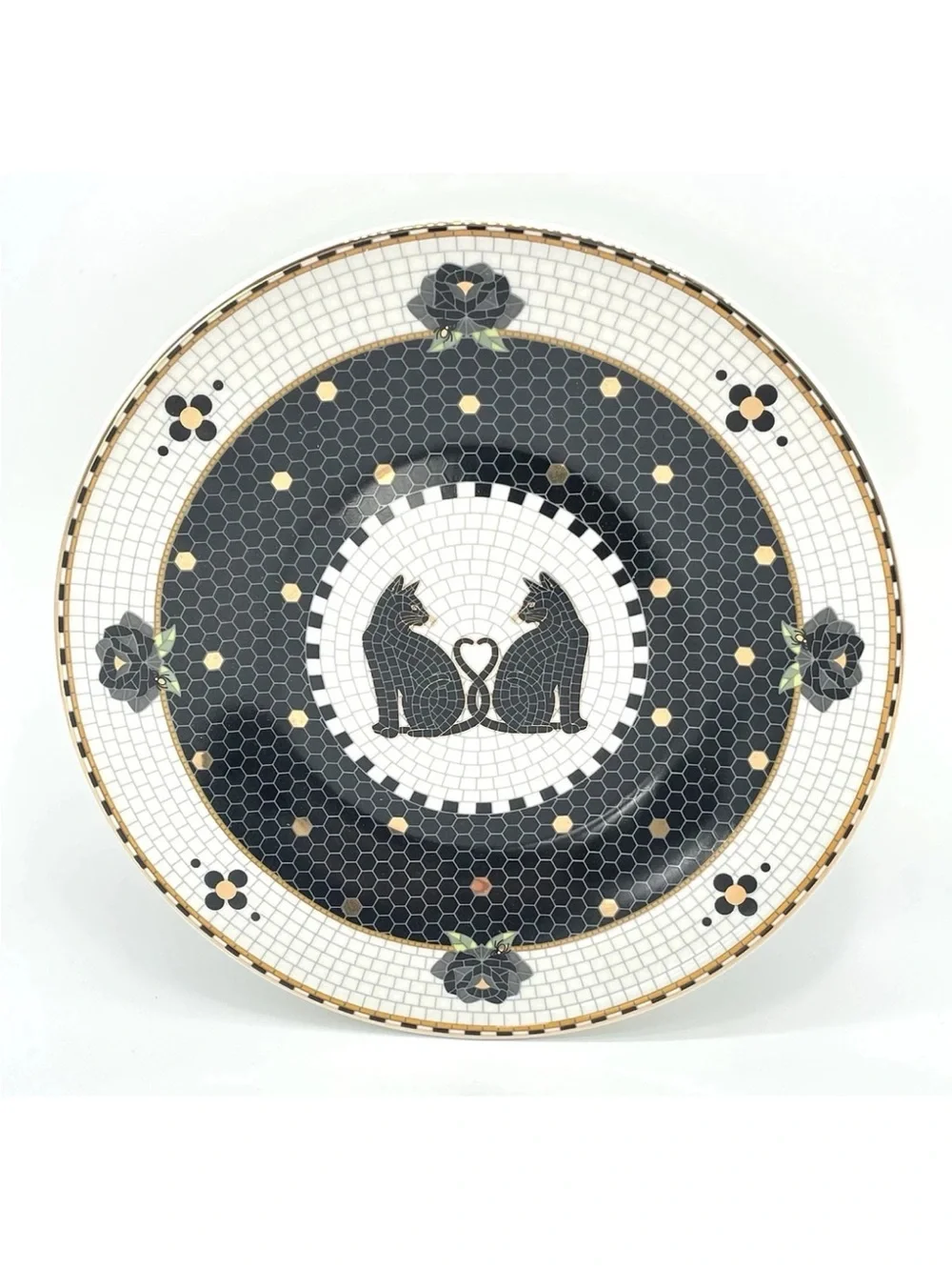 Anthropologie Bistro tile Halloween Black White and Gold Cat Mosaic Dinner Plate